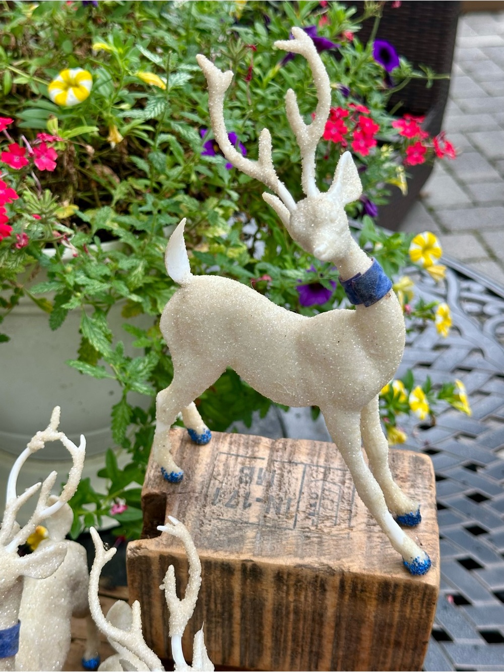 Vintage Retro Glitter Reindeer Deer Set of 3 Blue Velvet Christmas Decor - Picture 2 of 8